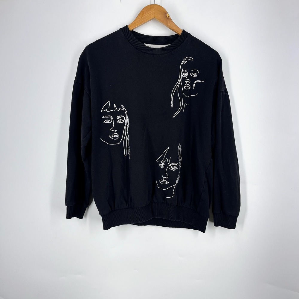 Topshop Women's Embroidered Line Art Faces Crewneck Sweatshirt Relaxed Fit SZ M